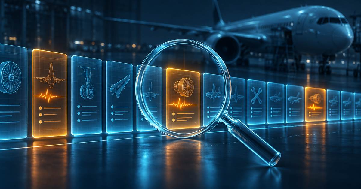 Reihe holografischer Wartungsaufzeichnungen in einem Hangar, drei davon orange leuchtend unter einer Lupe, ein Verkehrsflugzeug im Hintergrund