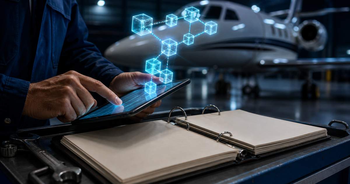 Carnet de maintenance et tablette dans un hangar, chaîne de blocs holographique cyan symbolisant un registre blockchain