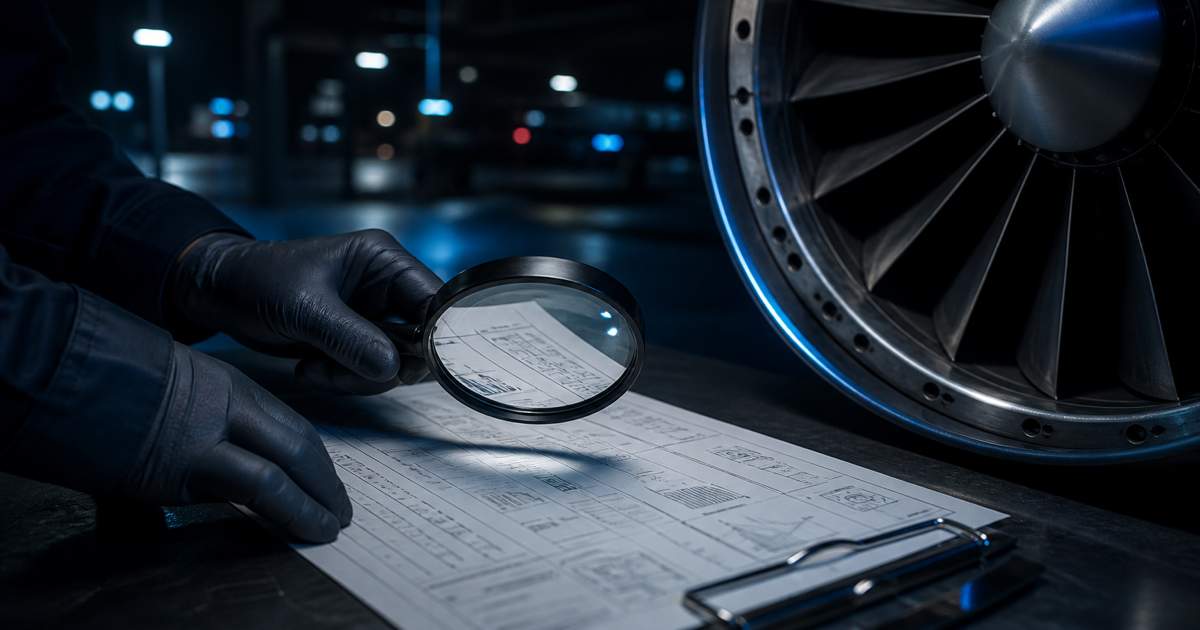 Moteur d'avion de ligne en cours d'inspection dans un hangar, documentation technique éclairée au premier plan