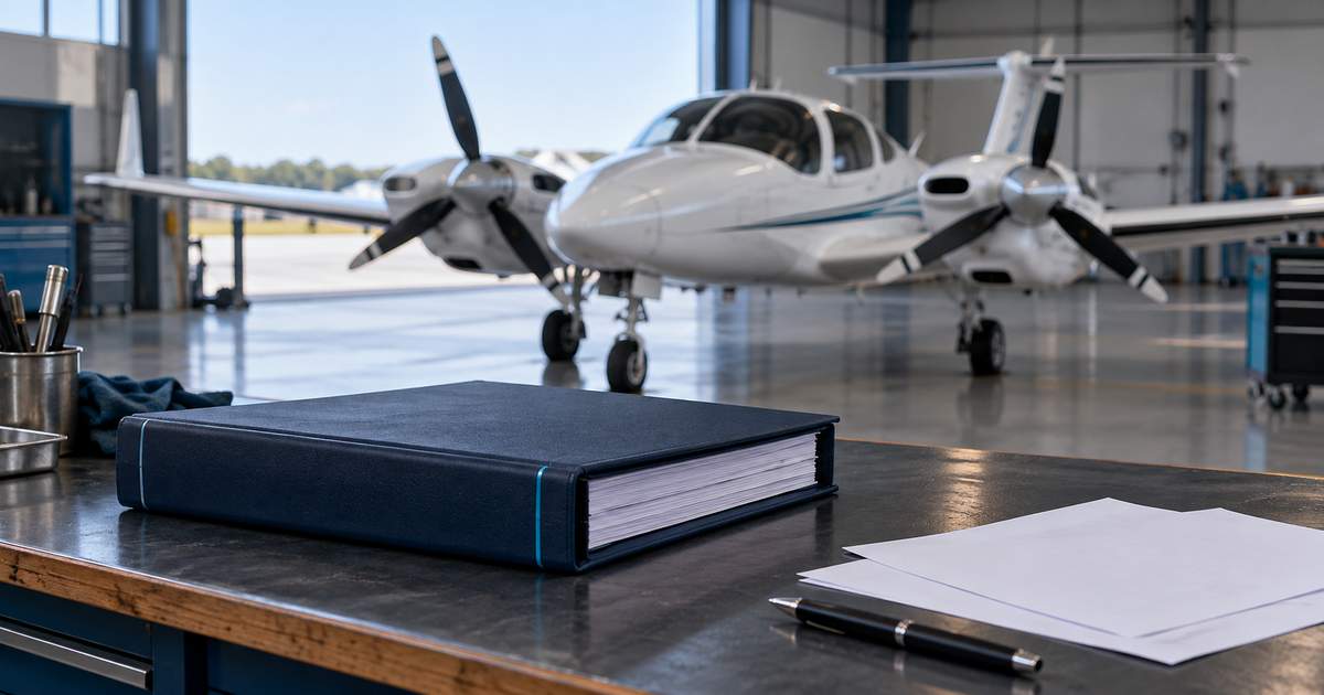 Illustration eines Wartungsordners auf einer Werkbank vor einem leichten zweimotorigen Flugzeug im Hangar