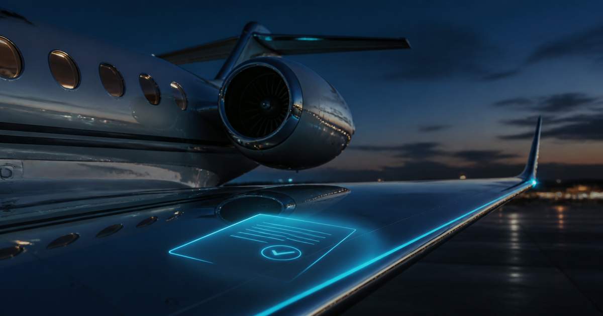 Aile et réacteur d'un jet d'affaires au crépuscule, hologramme cyan symbolisant le dossier de navigabilité numérique