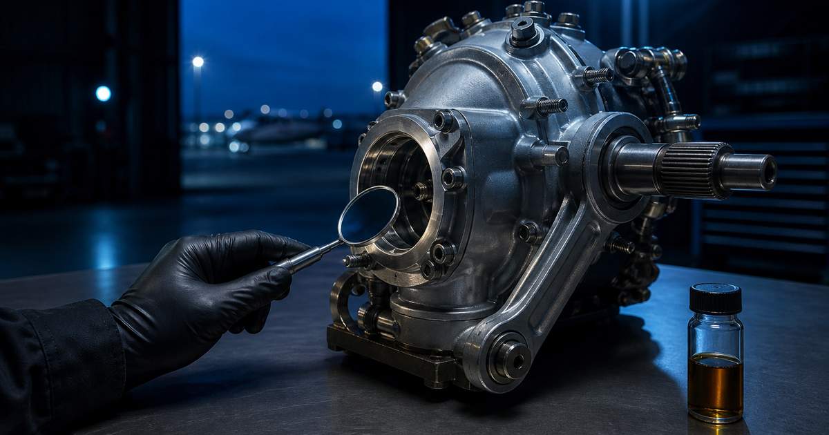 Boîte de transmission anticouple d'hélicoptère sur un établi de maintenance, miroir d'inspection et échantillon d'huile assombrie au premier plan
