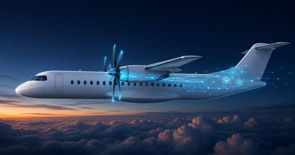 Avion régional hybride-électrique en vol au crépuscule, flux de données cyan holographiques symbolisant le suivi numérique de la propulsion