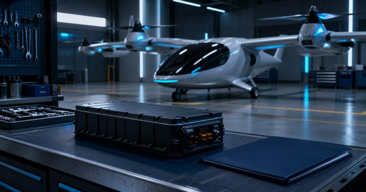 Ein Batteriemodul und eine geschlossene Mappe in einem Hangar mit einem illustrativen Elektrofluggerät