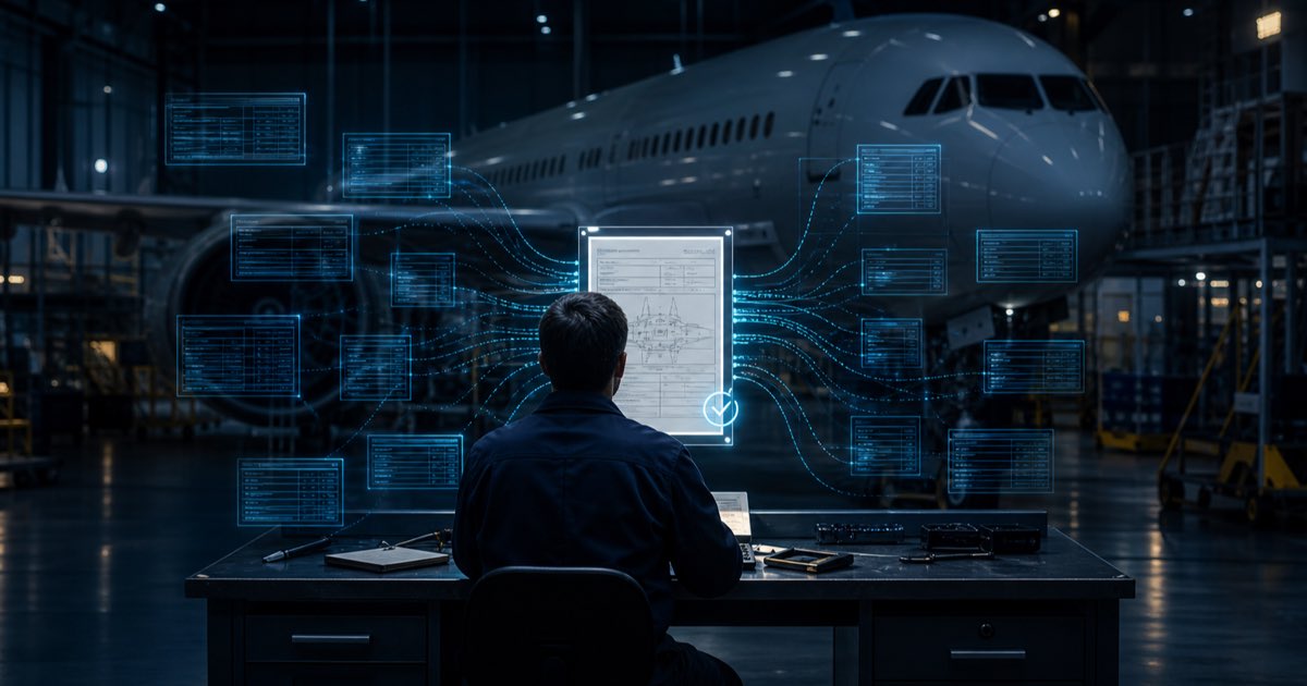 Maintenance engineer facing data tables connected to a source record inside an aircraft hangar