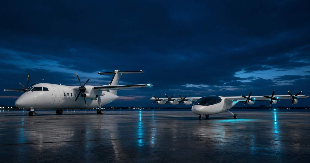 Aire de trafic régionale au crépuscule avec un turbopropulseur et un petit avion électrique côte à côte, lumières cyan