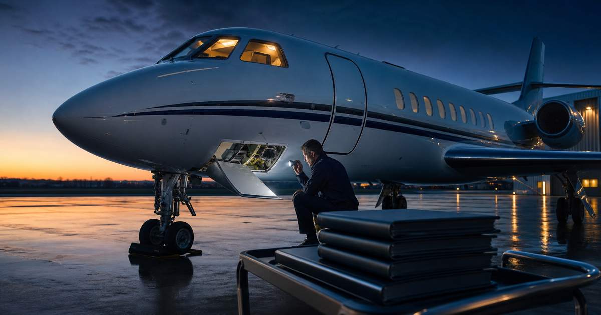 Inspection préachat d'un jet d'affaires au crépuscule, classeurs de dossiers techniques au premier plan