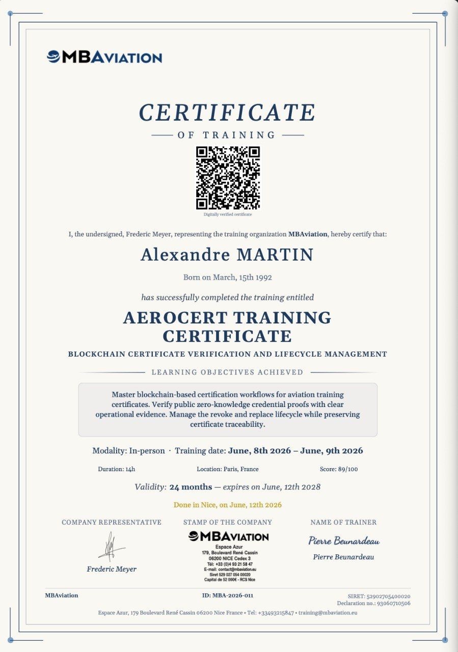 Ein AeroCert-Zertifikat, überprüfbar per QR-Code, ausgestellt über MBA Clarity